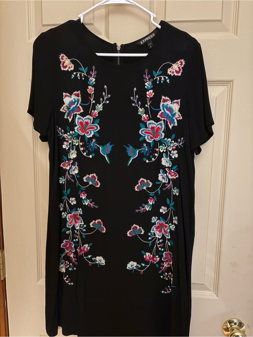 Express Black Dress with Pink and Teal Floral Embroidery